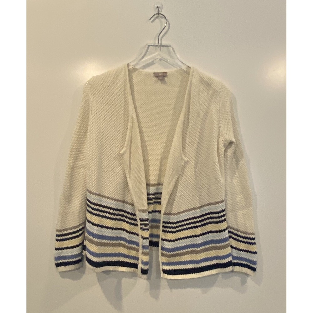 J. Jill Womens XS Open Front Cardigan Sweater Cream Striped Cotton Blend 0769 - Picture 2 of 7